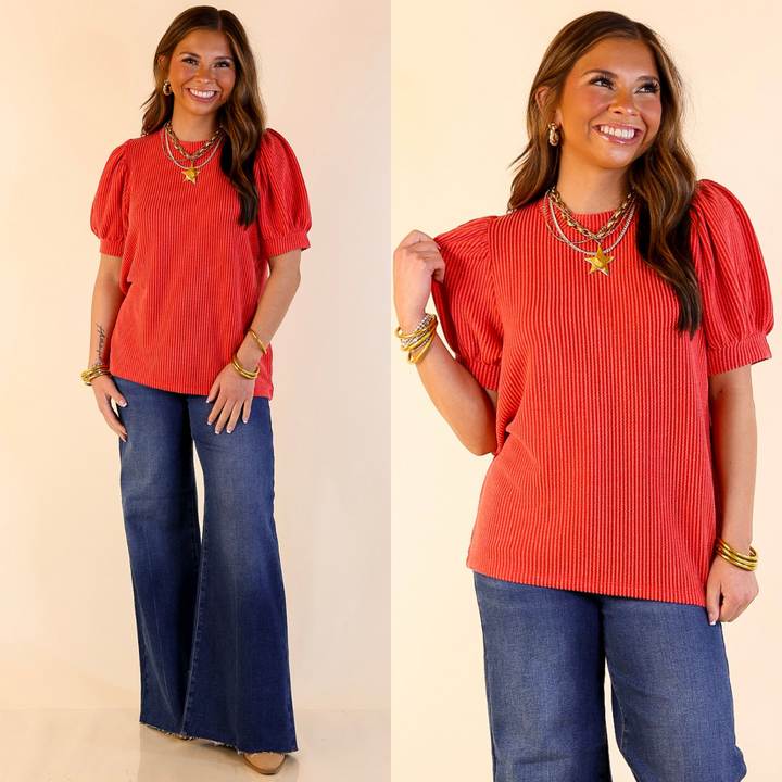 Sweet Sophistication Puff Short Sleeve Ribbed Top with Scoop Neck in Red