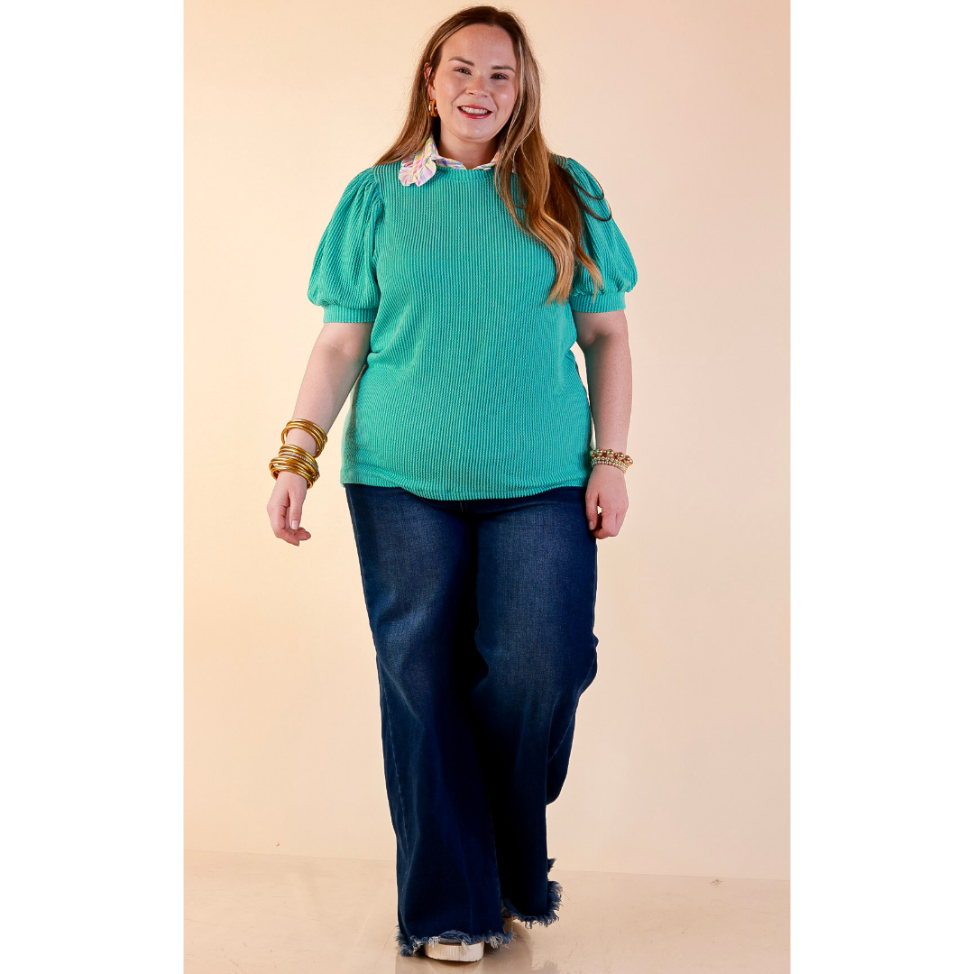 Sweet Sophistication Puff Short Sleeve Ribbed Top with Scoop Neck in Turquoise Blue