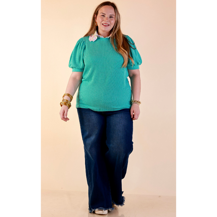 Sweet Sophistication Puff Short Sleeve Ribbed Top with Scoop Neck in Turquoise Blue