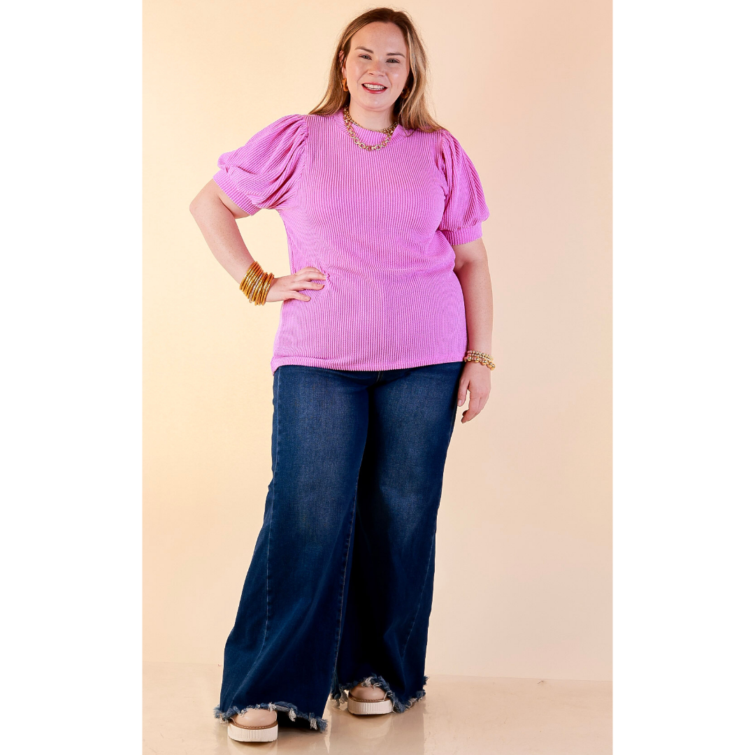 Sweet Sophistication Puff Short Sleeve Ribbed Top with Scoop Neck in Violet Purple