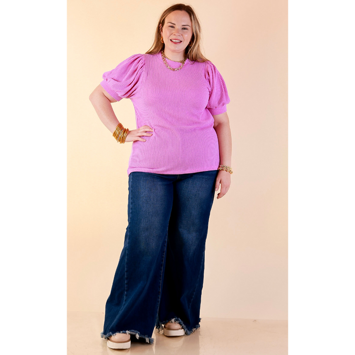 Sweet Sophistication Puff Short Sleeve Ribbed Top with Scoop Neck in Violet Purple