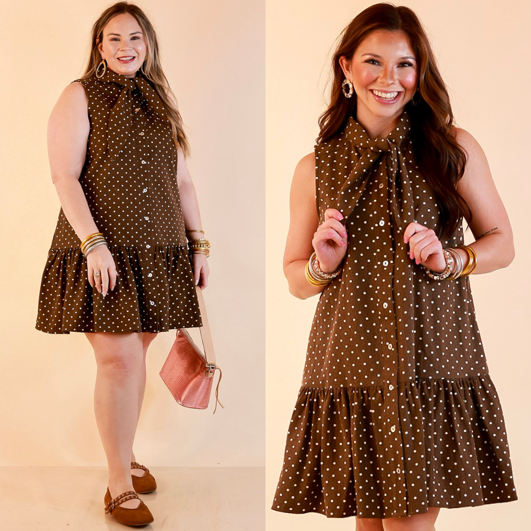 Sweet Spot Denim Polka Dot Bow Neck Tie Button Front Drop Waist Dress in Chocolate Brown
