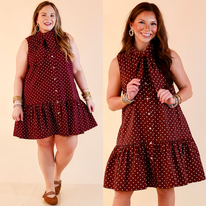 Sweet Spot Denim Polka Dot Bow Neck Tie Button Front Drop Waist Dress in Maroon