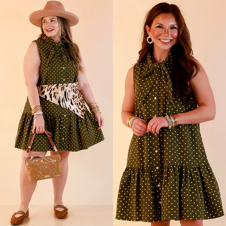 Sweet Spot Denim Polka Dot Bow Neck Tie Button Front Drop Waist Dress in Olive Green