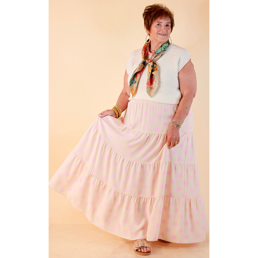 Sweet Spot Polka Dot Print Tiered Maxi Skirt with Elastic Waistband in Cream and Pink