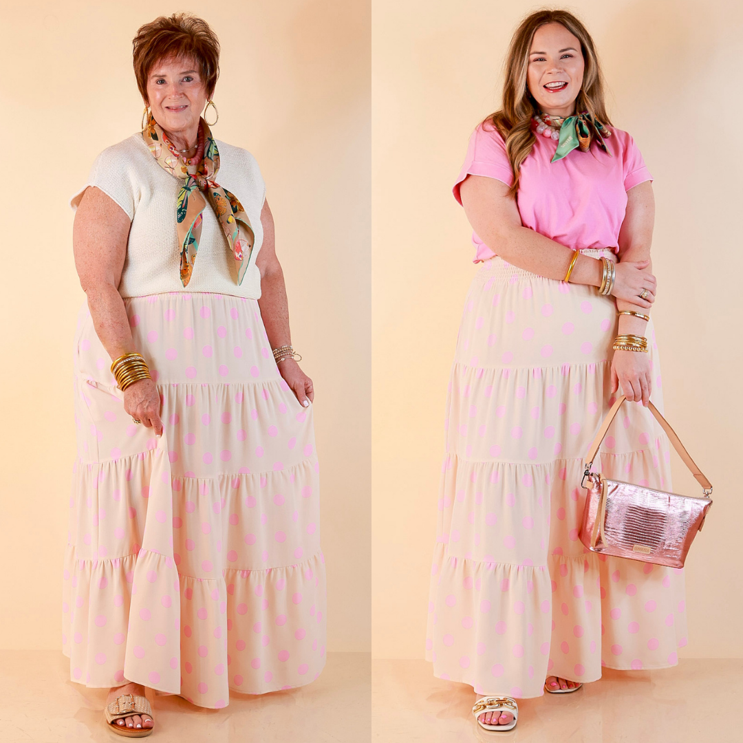 Sweet Spot Polka Dot Print Tiered Maxi Skirt with Elastic Waistband in Cream and Pink
