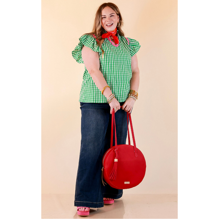 Sweet Tea Social Ruffle Sleeve Gingham Top with Ric Rac Trim in Kelly Green