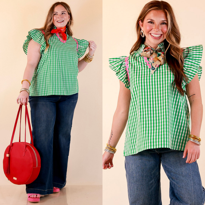Sweet Tea Social Ruffle Sleeve Gingham Top with Ric Rac Trim in Kelly Green