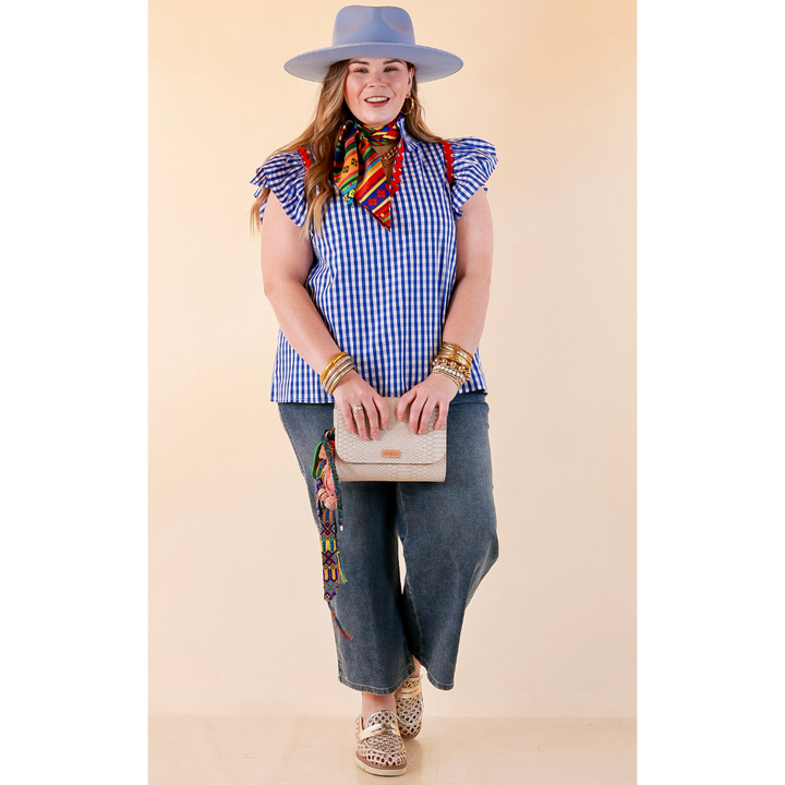 Sweet Tea Social Ruffle Sleeve Gingham Top with Ric Rac Trim in Royal Blue