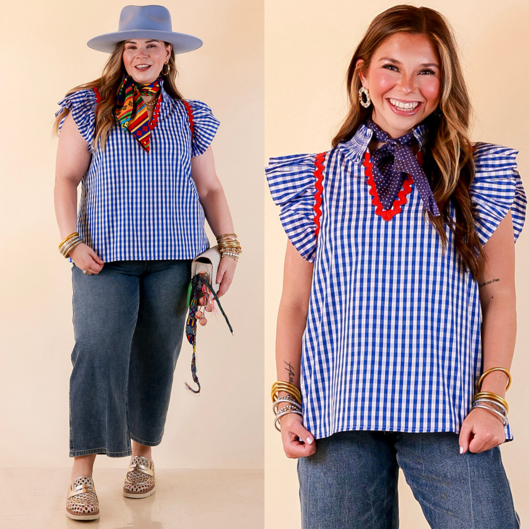 Sweet Tea Social Ruffle Sleeve Gingham Top with Ric Rac Trim in Royal Blue