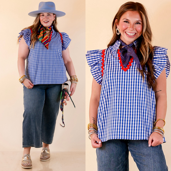 Sweet Tea Social Ruffle Sleeve Gingham Top with Ric Rac Trim in Royal Blue
