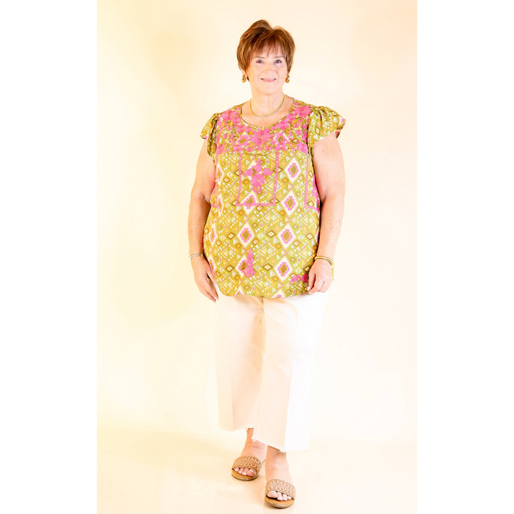 Sweet Serenade Aztec Print Top with Pink Floral Embroidery in Olive Green