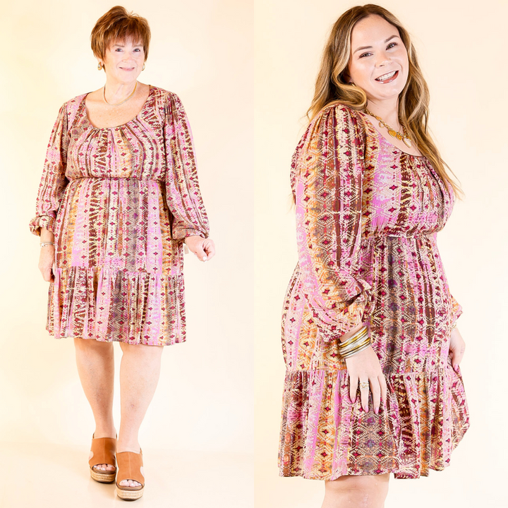 Two women wearing a brown patterned dress on a beige background