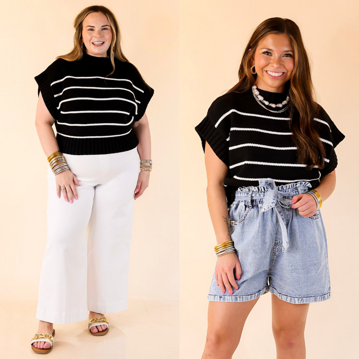 Bold stripes, soft knit, and a ribbed mock neck—Sweet in Stripes is your go-to for comfy, classic charm with zero effort. Sizes small through large.