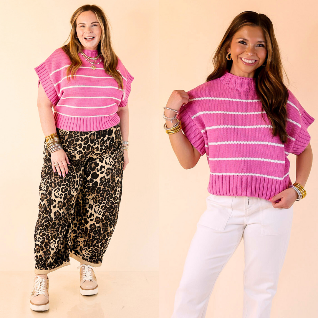 Bold stripes, soft knit, and a ribbed mock neck—Sweet in Stripes is your go-to for comfy, classic charm with zero effort. Sizes small through large.