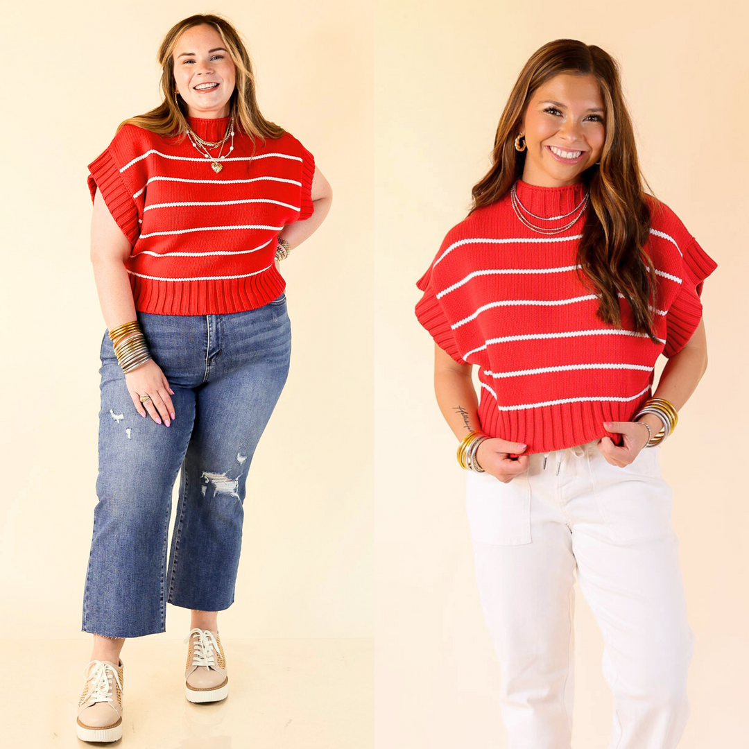 Bold stripes, soft knit, and a ribbed mock neck—Sweet in Stripes is your go-to for comfy, classic charm with zero effort. Sizes small through large.