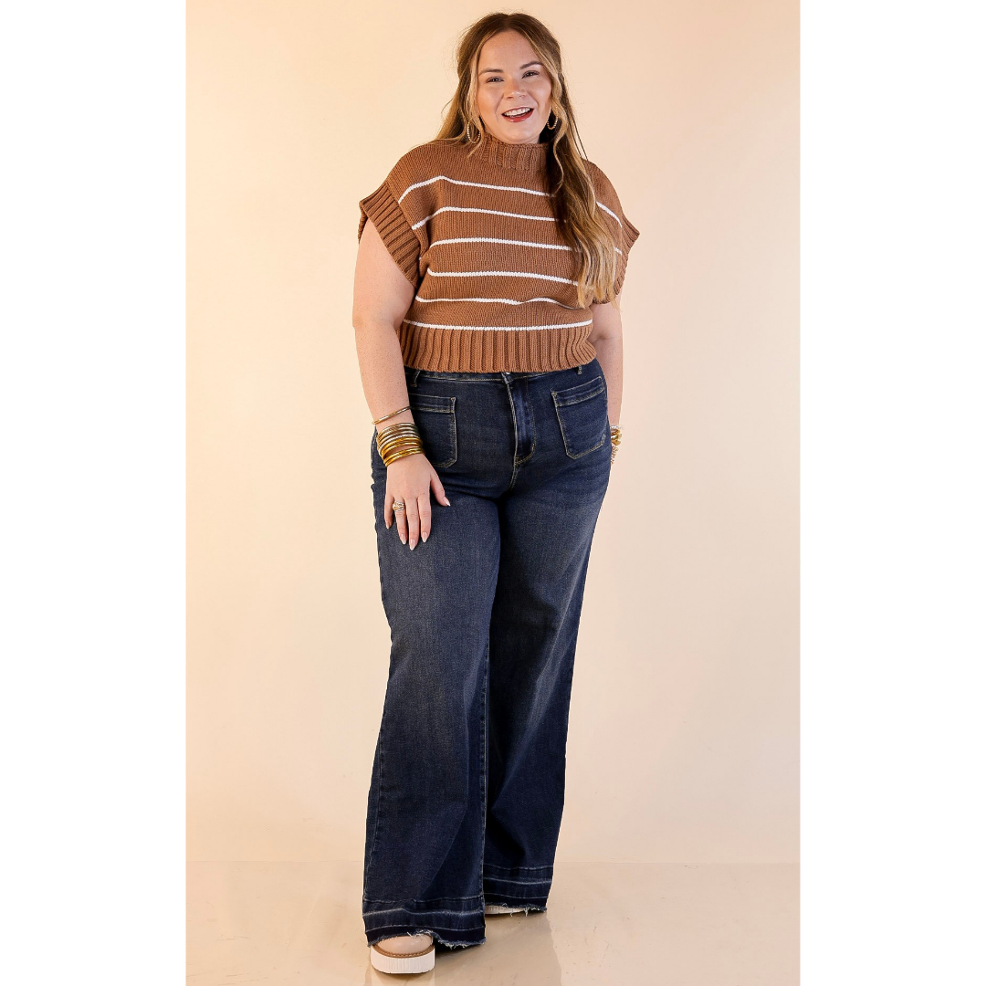 Sweet in Stripes Short Sleeve Striped Mock Neck Sweater in Camel Brown
