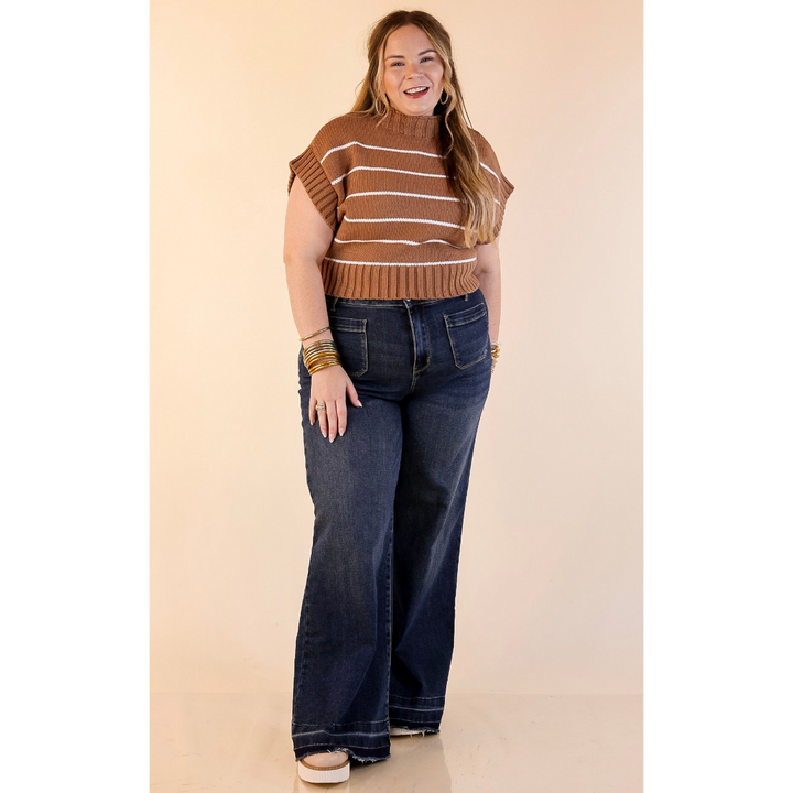 Sweet in Stripes Short Sleeve Striped Mock Neck Sweater in Camel Brown