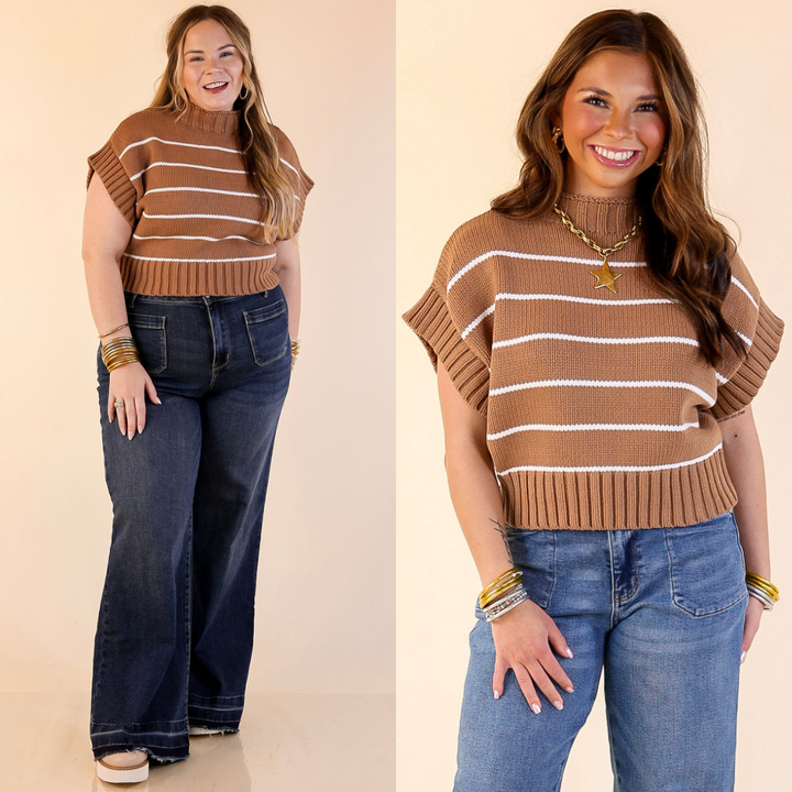Models are wearing Short Sleeve Striped Mock Neck Sweater in Camel Brown against a beige background.
