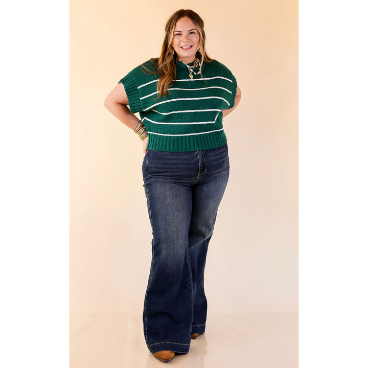 Sweet in Stripes Short Sleeve Striped Mock Neck Sweater in Forest Green