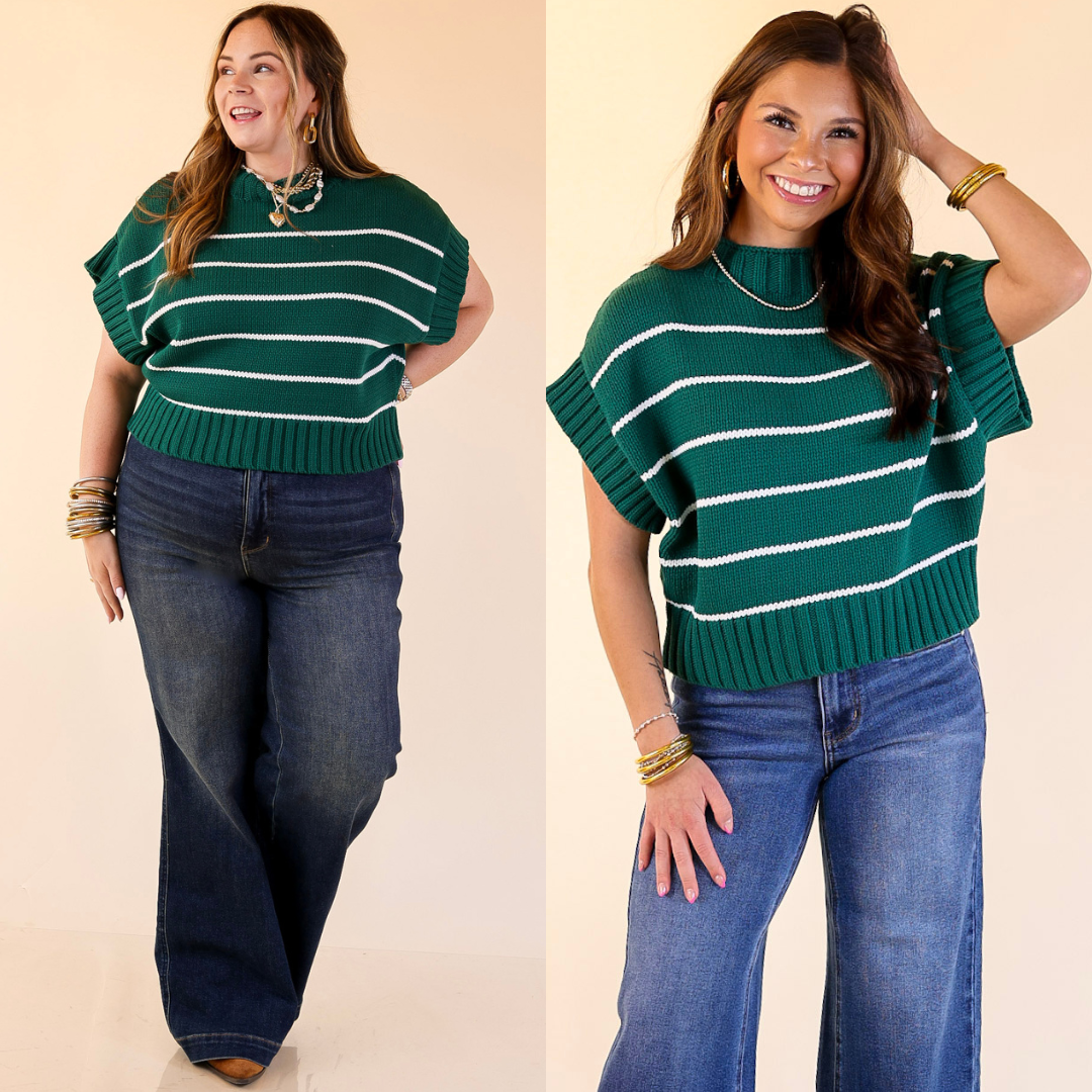 Two images of a woman wearing a green and white striped sweater top with paired with blue jeans on a beige background.