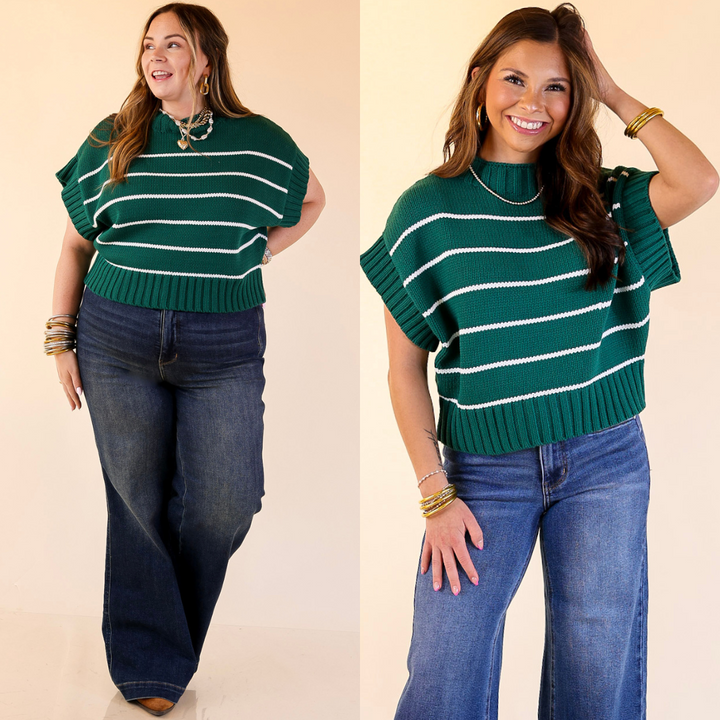 Two images of a woman wearing a green and white striped sweater top with paired with blue jeans on a beige background.