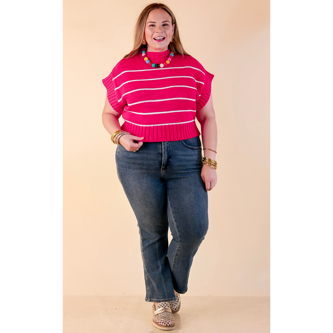 Sweet in Stripes Short Sleeve Striped Mock Neck Sweater in Hot Pink