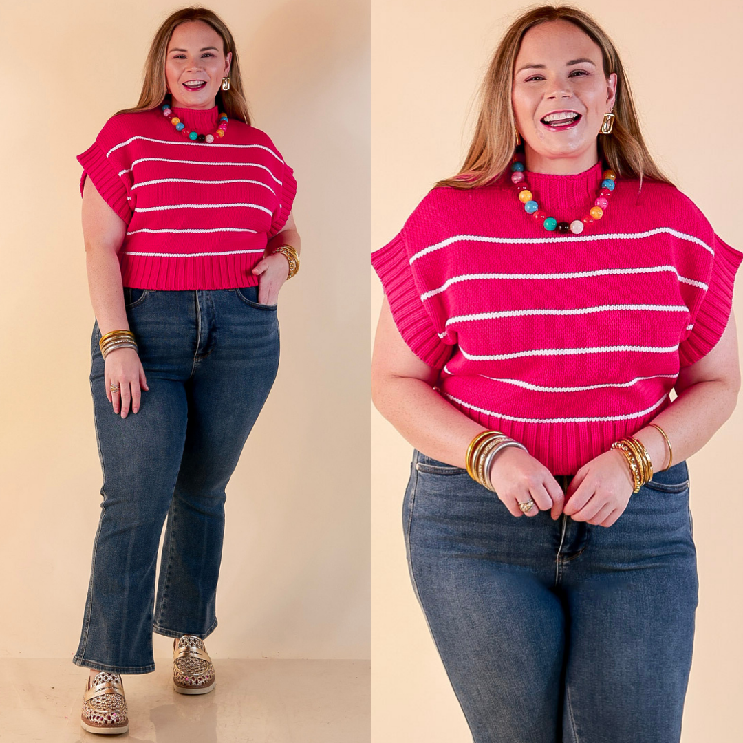 Sweet in Stripes Short Sleeve Striped Mock Neck Sweater in Hot Pink