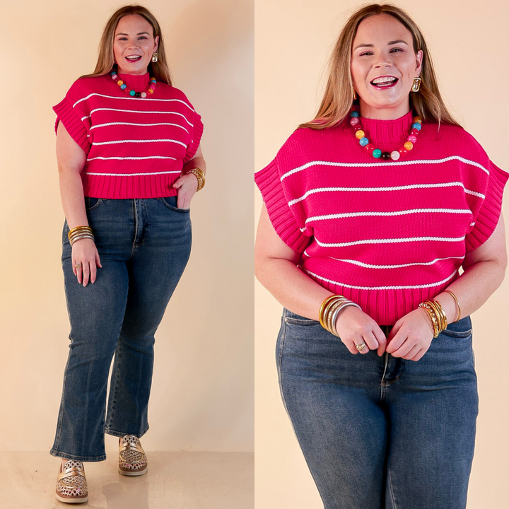 Sweet in Stripes Short Sleeve Striped Mock Neck Sweater in Hot Pink
