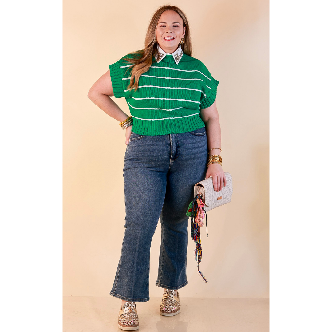 Sweet in Stripes Short Sleeve Striped Mock Neck Sweater in Kelly Green