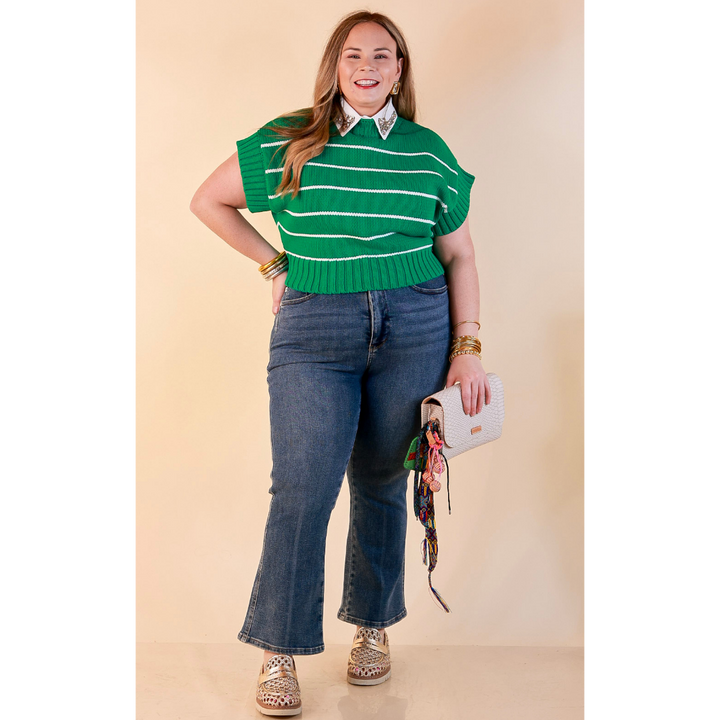 Sweet in Stripes Short Sleeve Striped Mock Neck Sweater in Kelly Green