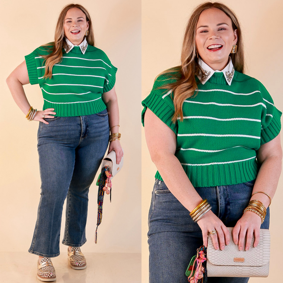 Sweet in Stripes Short Sleeve Striped Mock Neck Sweater in Kelly Green