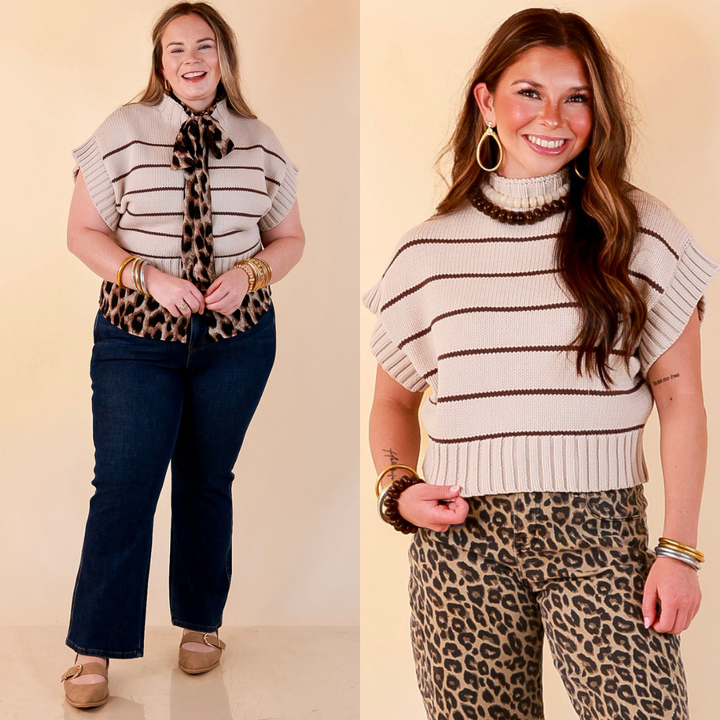 Sweet in Stripes Short Sleeve Striped Mock Neck Sweater in Sand Beige