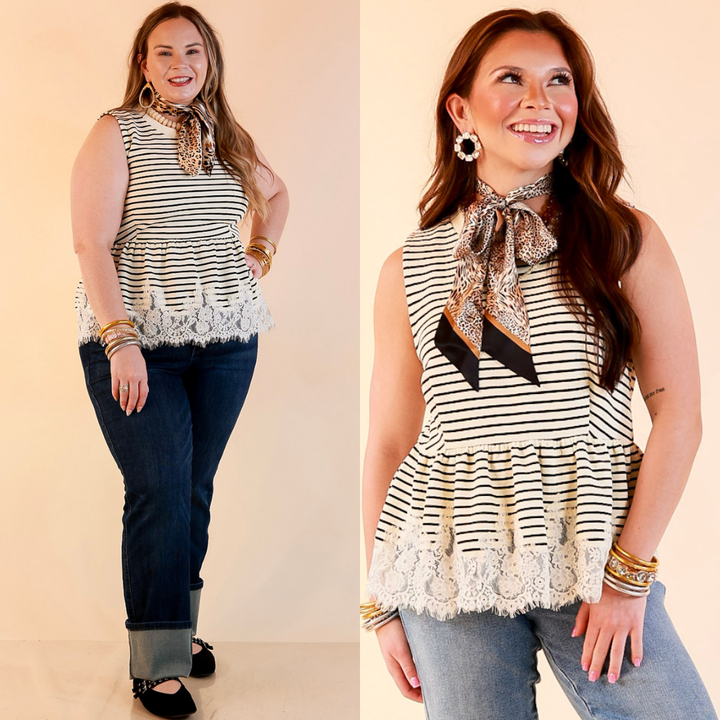 Sweet on Style Striped Peplum Sleeveless Tank Top with Lace Trim Detailing in Ivory and Black