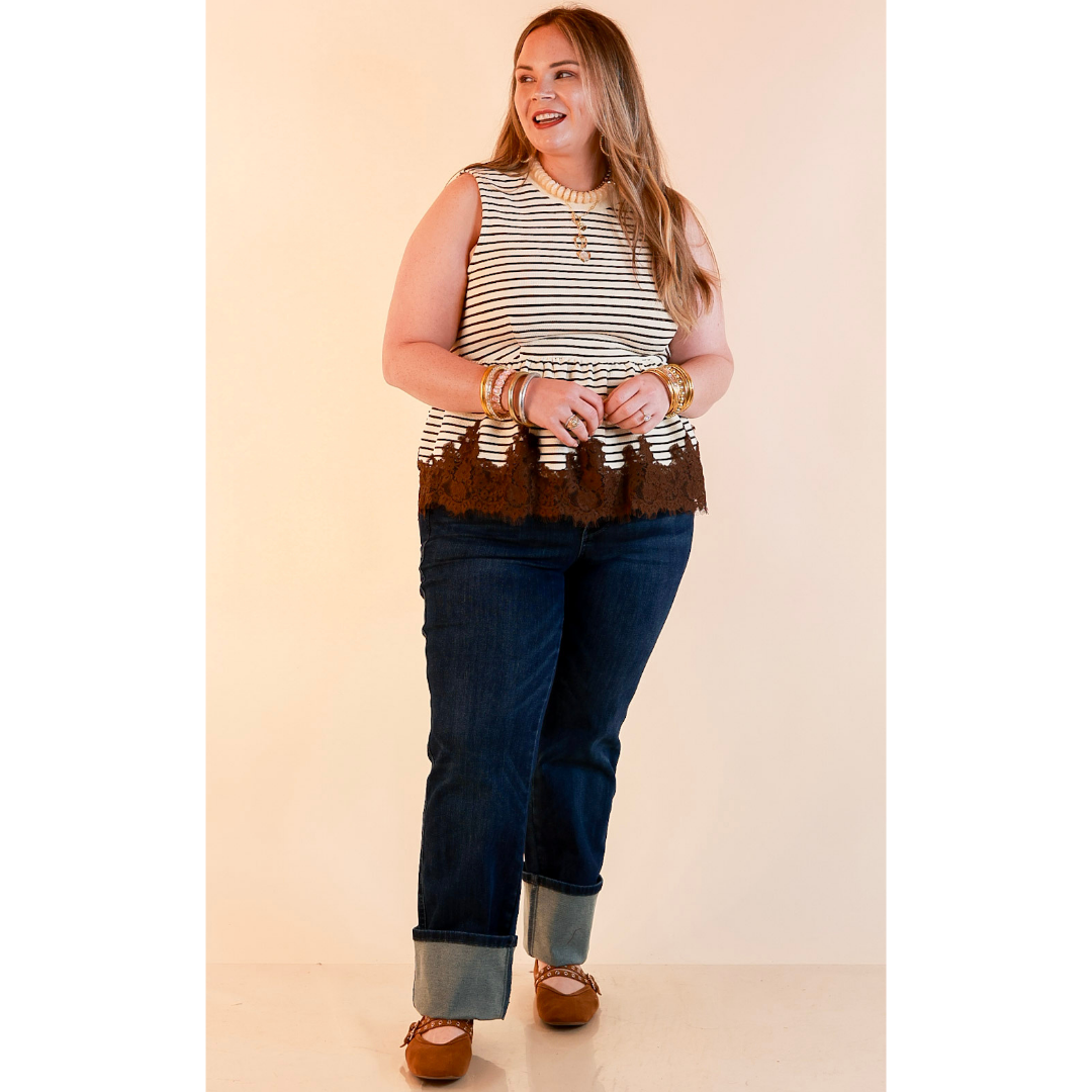 Sweet on Style Striped Peplum Sleeveless Tank Top with Lace Trim Detailing in Ivory and Chocolate Brown