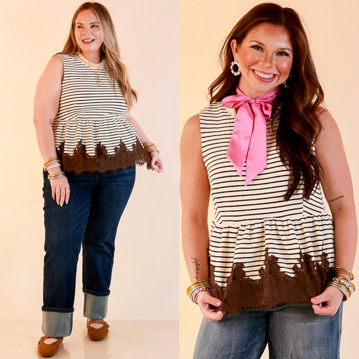 Sweet on Style Striped Peplum Sleeveless Tank Top with Lace Trim Detailing in Ivory and Chocolate Brown