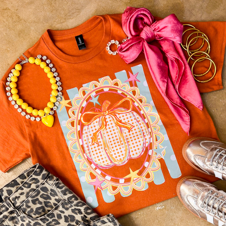 Sweet on the Season Gingham Pumpkin, Stripe and Polka Dot Design with Bow Detail Fall Graphic Tee in Rust Orange