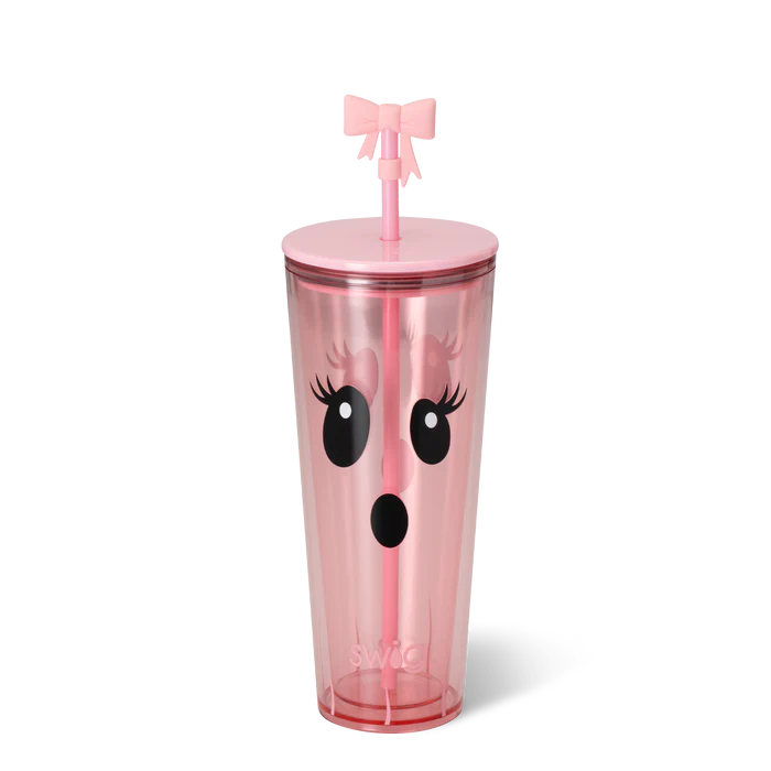 Pink tumbler with face design and bow on a white background