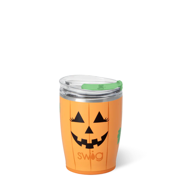 Orange Swig tumbler with a jack-o'-lantern face design on a white background