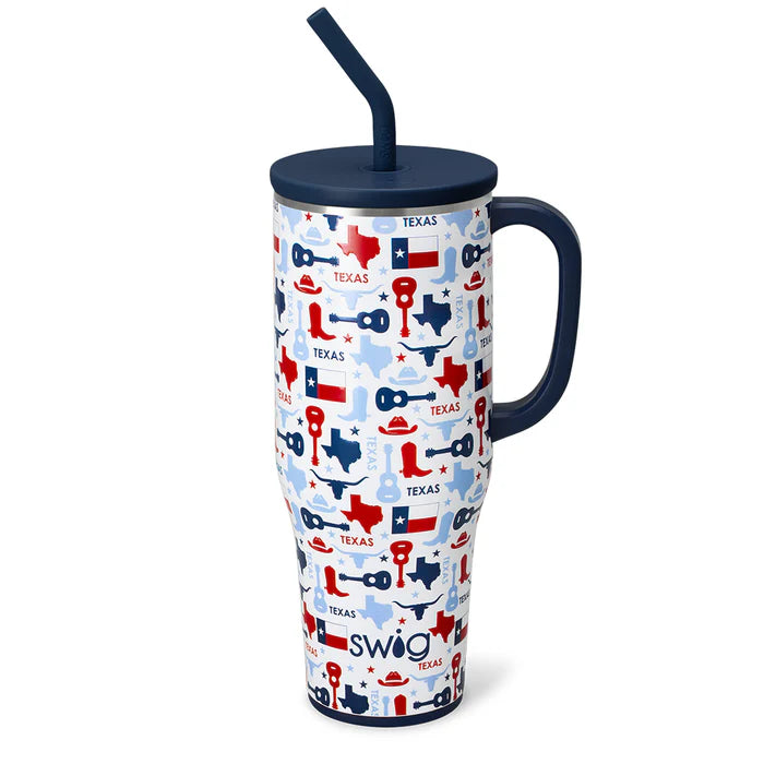 Tumbler with Texas-themed design and 'Swig' branding on a white background
