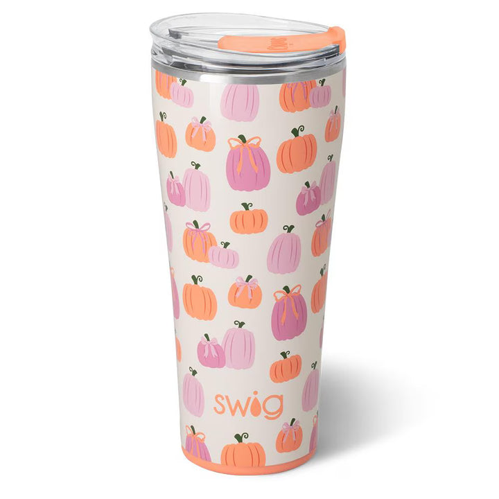 Tumbler with pumpkin pattern and 'Swig' branding on a white background
