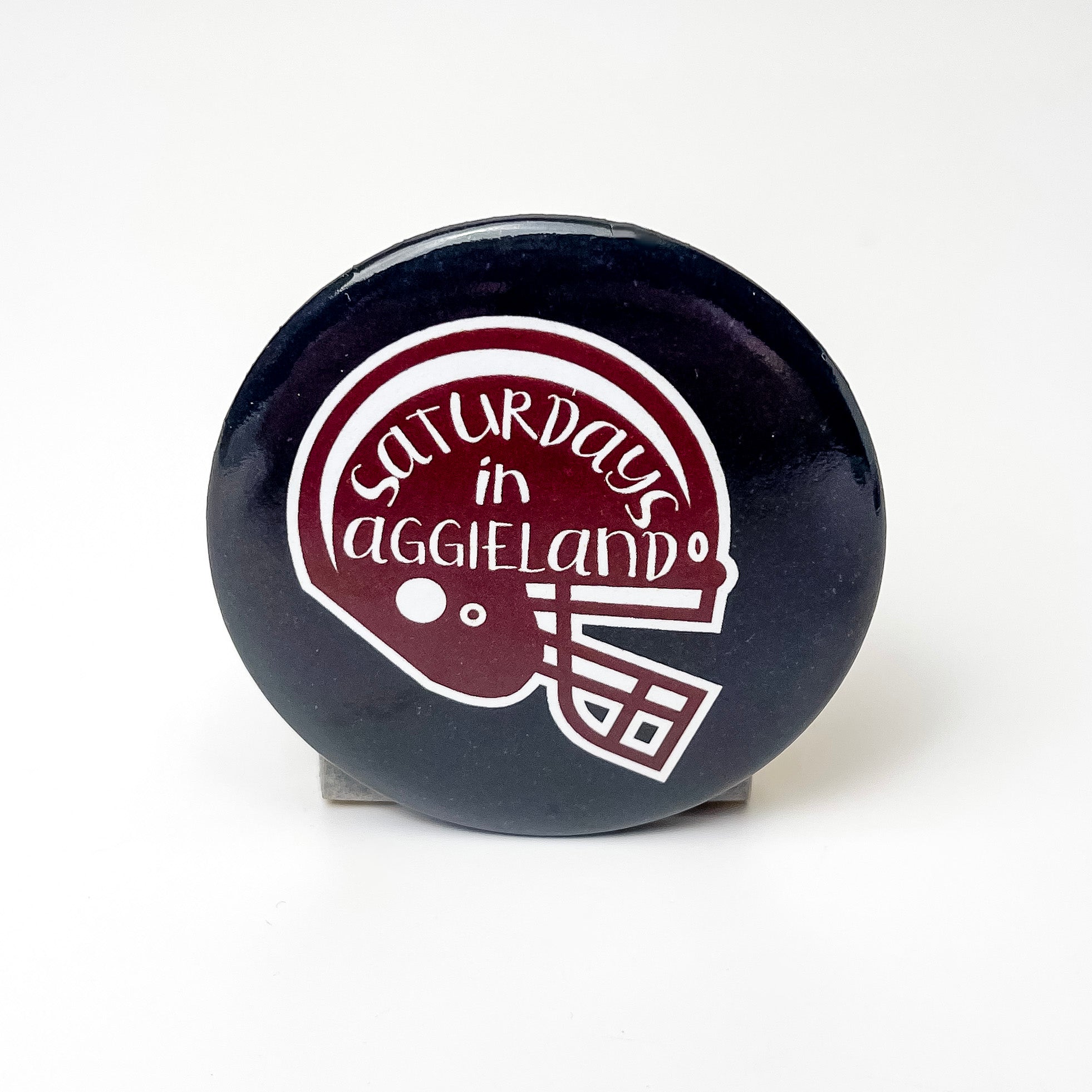 Saturdays in Aggieland Football Helmet Gameday Button Pin in Black and Maroon