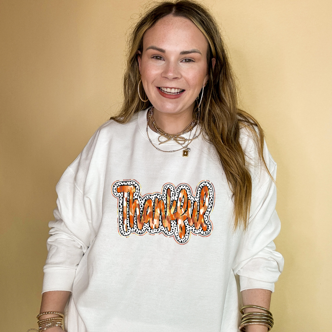 Online Exclusive | Thankful Autumn Watercolors and Dalmatian Background Graphic Sweatshirt in Multiple Color Options