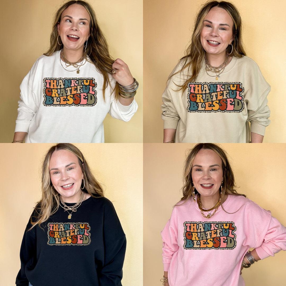 Online Exclusive | Thankful, Grateful, Blessed with Cheetah Print Outline Graphic Sweatshirt in Multiple Color Options