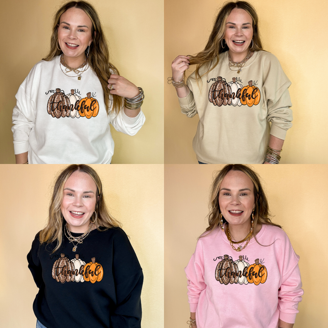 Online Exclusive | Thankful Pumpkins Cheetah, white and Orange Graphic Sweatshirt in Multiple Color Options