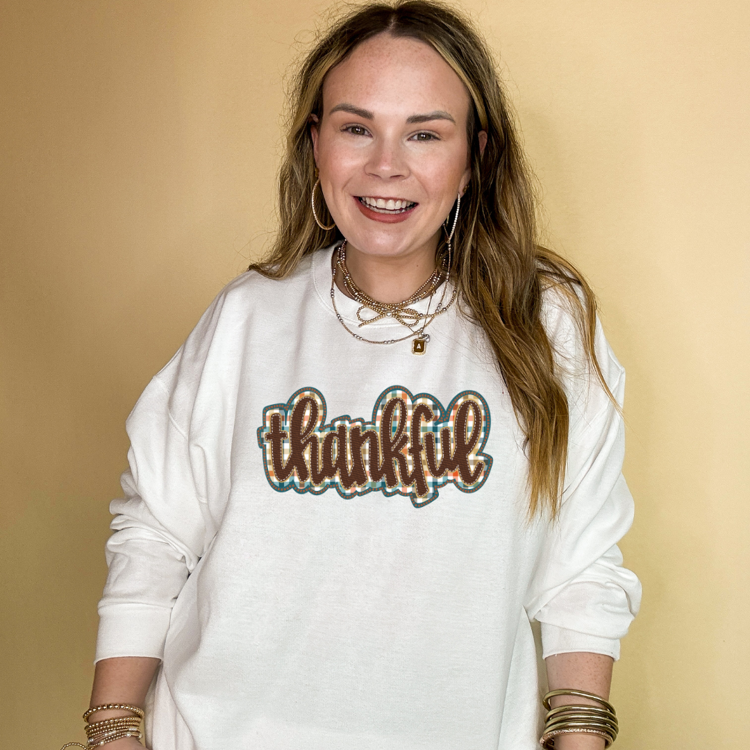 Online Exclusive | Thankful Plaid Patch Graphic Sweatshirt in Multiple Color Options