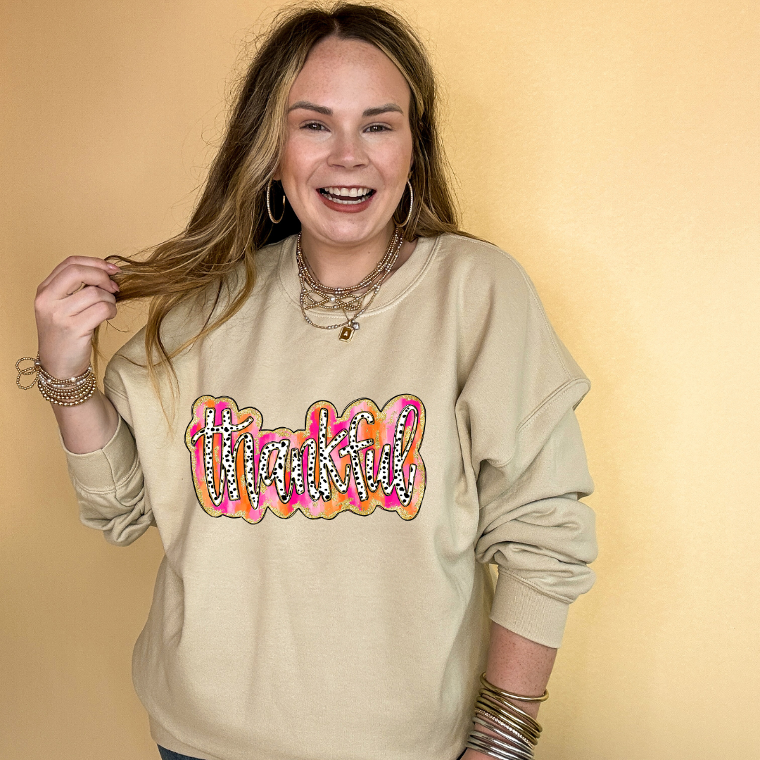 Online Exclusive | Thankful Gold Glitter and Dalmatian Graphic Sweatshirt in Multiple Color Options