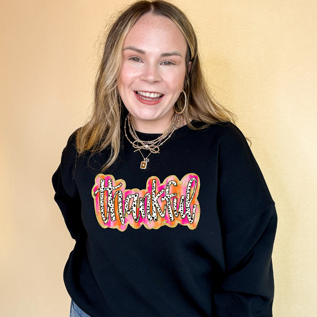 Online Exclusive | Thankful Gold Glitter and Dalmatian Graphic Sweatshirt in Multiple Color Options