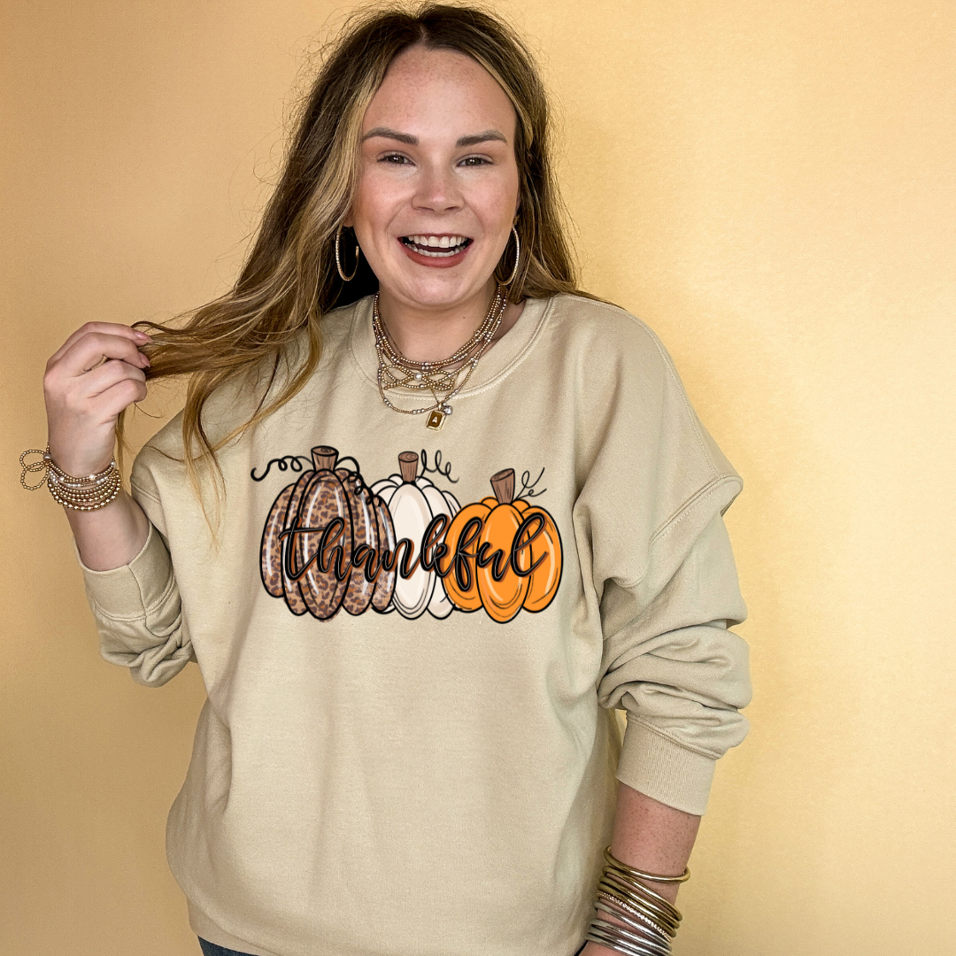 Online Exclusive | Thankful Pumpkins Cheetah, white and Orange Graphic Sweatshirt in Multiple Color Options