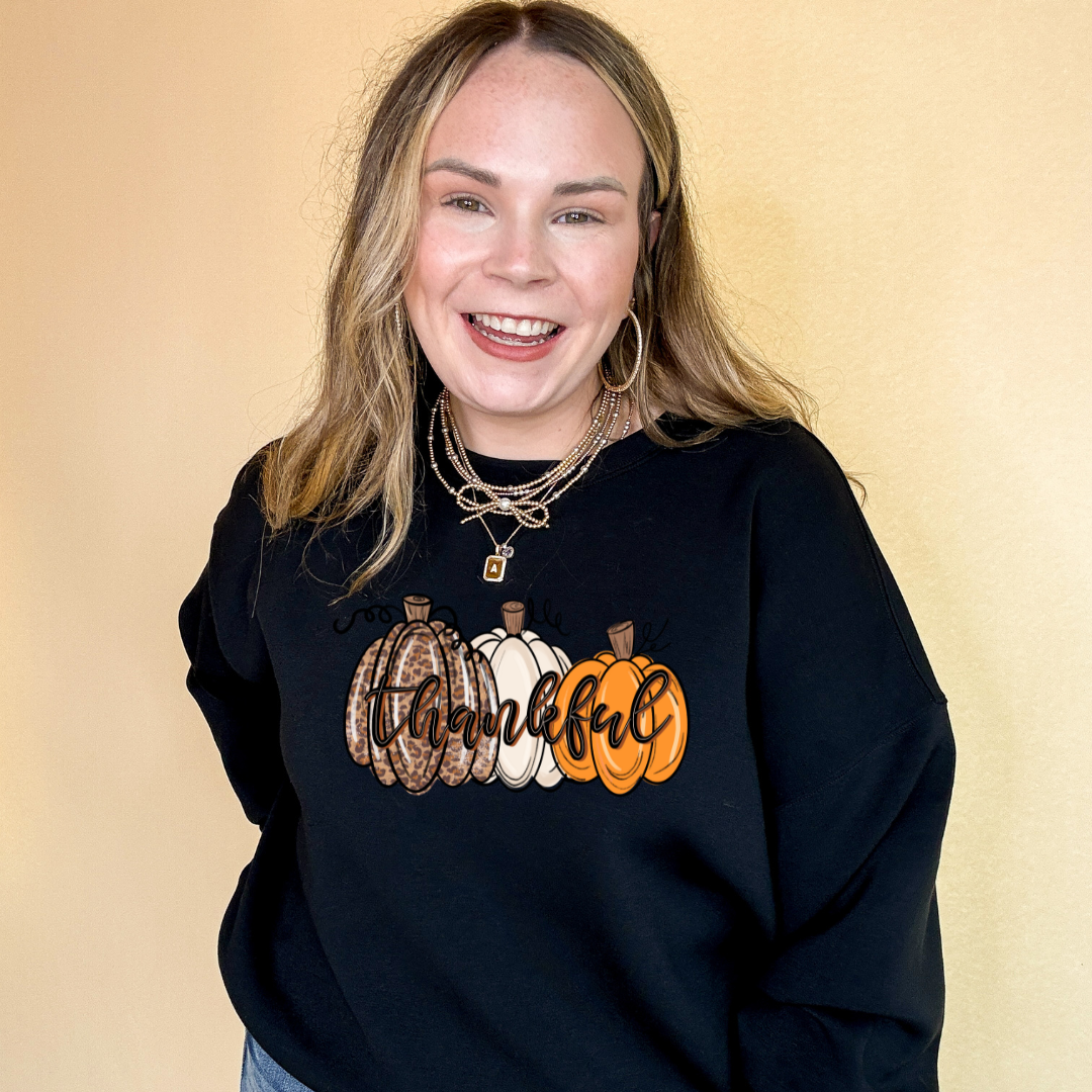 Online Exclusive | Thankful Pumpkins Cheetah, white and Orange Graphic Sweatshirt in Multiple Color Options